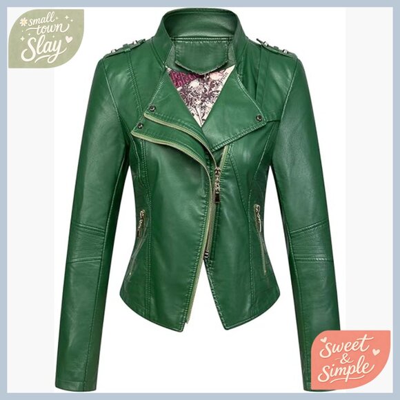 Faux Leather Cropped Moto Jacket Asymmetric Zip Slim Fit